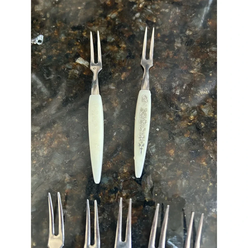 Vintage Set of 11 Appetizer Cocktail Forks White Gold Floral Heart Stainless